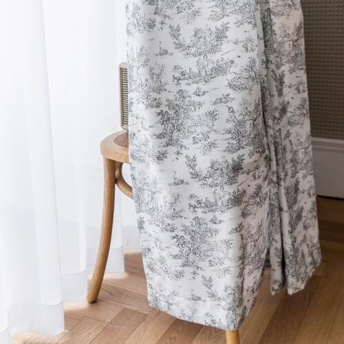 French Retro Curtain Gray Ink Cotton And Linen Printed Curtains For Living Room Bedroom