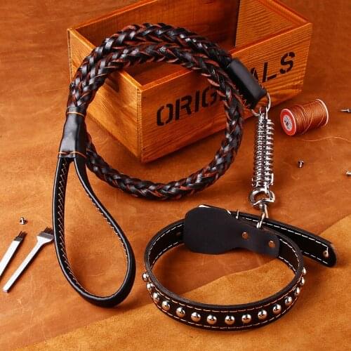 Reflective Big Dog Collar Leather Leash Training Running Rope Medium Collar Leashes Strong Lead Rope For Labrador Rottweiler