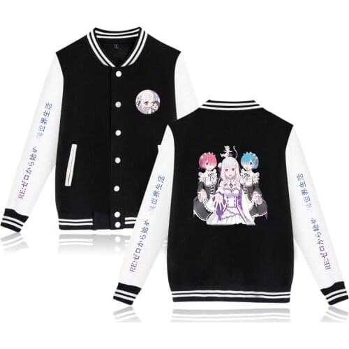 Japanese Anime Re:Life In A Different World From Zero Zip Up Baseball Jacket Men Bomber Jacket Women Hoodie Sweatshirt Outerwear