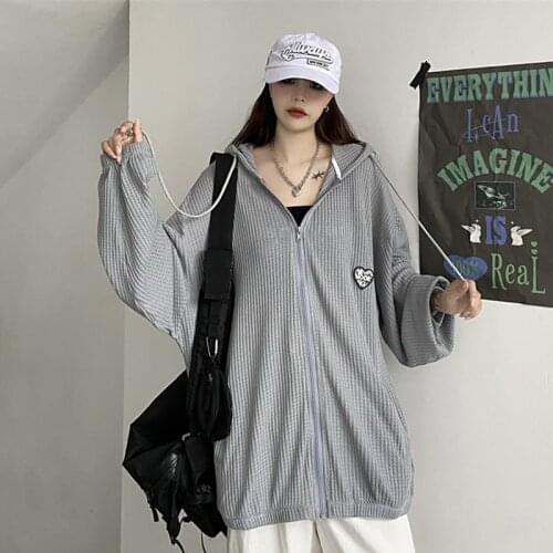 Summer New Zip Up Women Korean hoodies For Girls Top Solid Full Sleeve Oversized Hooded Sun Protection Casual Large Coat s832