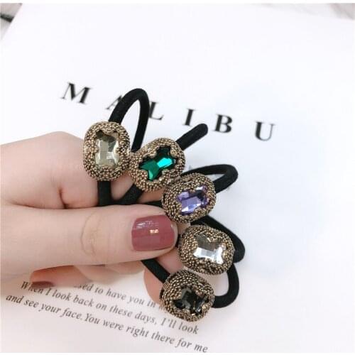Korean Retro Lady Rubber Bands Women Colored Rhinestone Hair Ropes Shiny Hair Ties For Girls Students Hair Accessories Ins