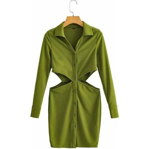 Green Sexy High Waist Cut Out Autumn Dress 2021 Fashion Streetwear Women Long Sleeve Lapel Collar Button Up Shirt Dresses Outfit