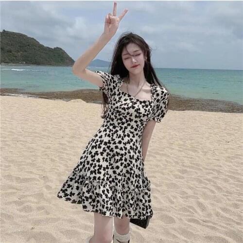 2021 Summer Dresses For Women Fashion Puff Shoulder Printed Casual Slim Dress Beach Holiday Square Collar Dress Robe Femme New