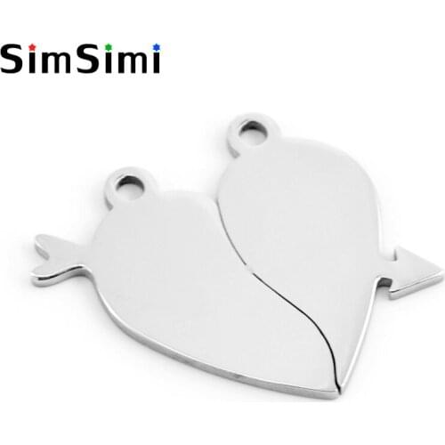 Simsimi Cupids arrow Heart Charms for Lovers' split heart blank pendant diy print tags mirror polish stainless steel 50pcs