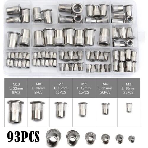 93 PCS M3/M4/M5/M6/M8/M10 Stainless Steel Flat Head Rivet Nuts Set Insert Reveting Multi Size Rivet Nuts