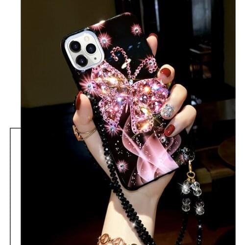 Fashion Bling Diamond Beautiful Butterfly Hard Case Cover With Crystal Neck Chain For Iphone 11 Pro XS Max XR X 8 7 6 6S Plus SE