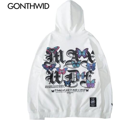 GONTHWID Embroidery Butterfly Print Hoodies Sweatshirts Streetwear Hip Hop Harajuku Casual Hooded Tops 2020 Mens Fashion Hoodie