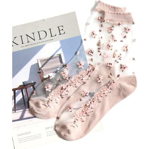 Rose Flower Short Socks Summer Women Transparent Lace Silk Crystal Thin Socks