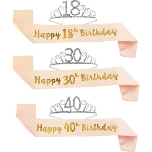 Happy Birthday 30th 40th 50th Rose Gold Satin Sash Crown Birthday Party Decorations Adult 30 40 50 Anniversary Party Supplies
