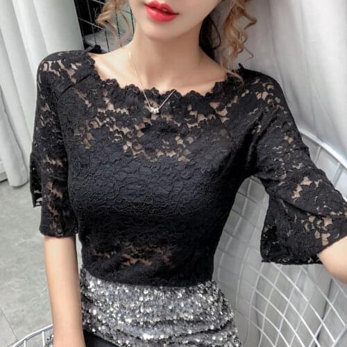 Summer Lace Top T Shirt Women Fashion Sexy Half Sleeve Solid Sexy Hollow Party O-Neck T-Shirts Plus Size Hot Tops 2021 Y676