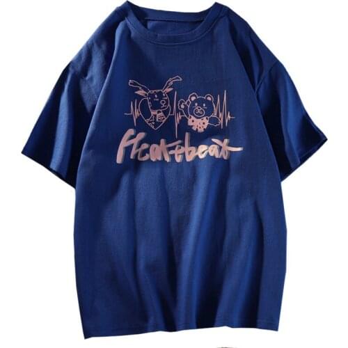 Summer Casual New Women Clothing T Shirt Print Harajuku Pink Letters Cartoon Comics Little Cute Lady Tees Royal Blue Tops Female