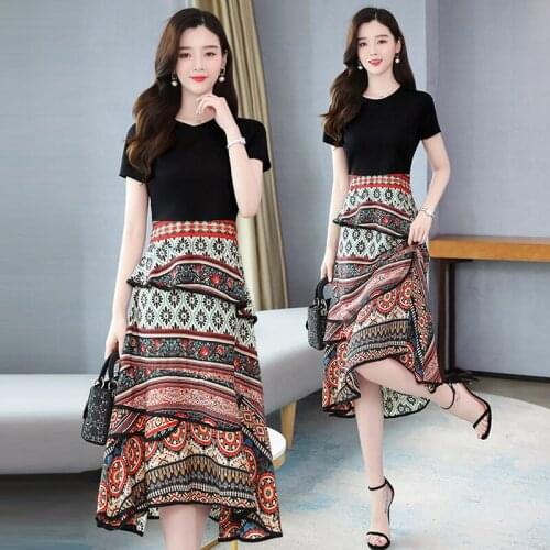 Patchwork Fashion Dress Female 2020 Summer New Slim Temperament Light Mature Wind Short Sleeve Retro Printed Chiffon Dress K369