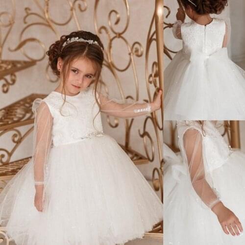 Lovely Wedding Flower Girls' Dresses O-Neck Beaded Sash Sheer Long Sleeves Buttons Communion Dress Short Princess Birdal Gowns