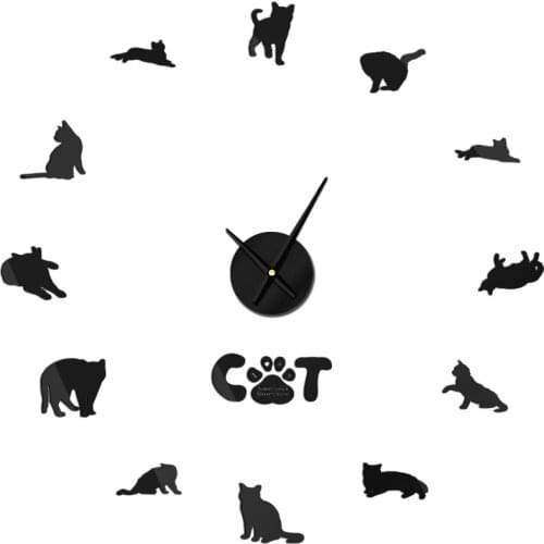 Cute American Shorthair DIY Giant Wall Clock Watch Silhouette Cats Mirror Surface Wall Stickers Decor For Living Room