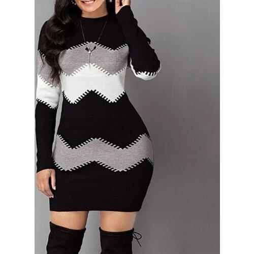Fashion Knitted Multi-color Dress Spring Autumn wave striped Casual Long-sleeved thin Sweater Dress Slim-fit Christmas Dresses