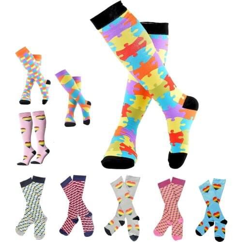Men Women Heart Print Sport Cycling Compression Stockings Knee Length Socks