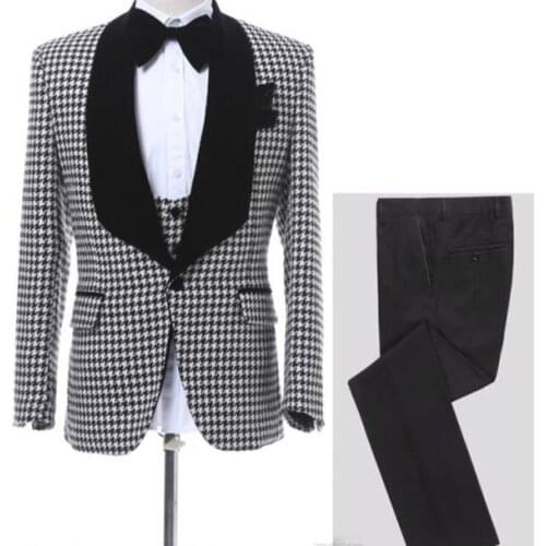 Latest Houndstooth Men Wedding Suits One Button Groom Tuxedos Shawl Lapel Men Prom Dinner Business Suit (Jacket+Pant+Vest)