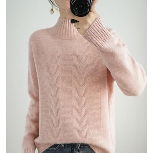 2021 New style 100% wool ladies high neck pullover sweater long sleeve pure color all-match casual cashmere base sweater