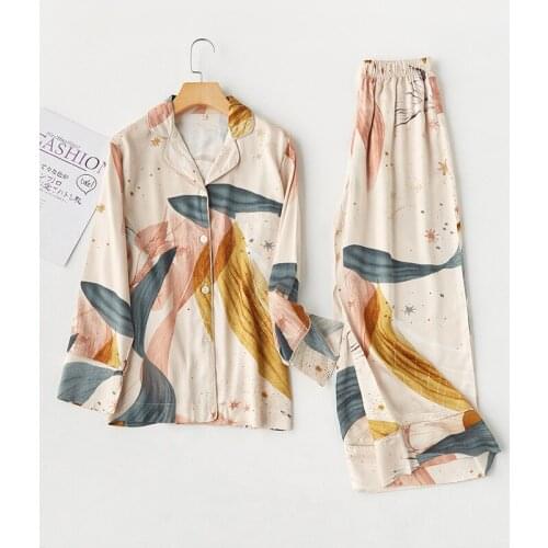 2020 New Women Pajamas Set Palm Leaf Printing Pijamas Ladies Short Sleeve Pants Pyjamas Loungewear Sexy Sleepwear Home Sleep Set