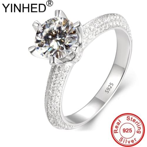 Send Certificate! YINHED Luxury 1.25ct Round CZ Diamond Wedding Bands Engagement Rings for Women 925 Sterling Silver Ring ZR677