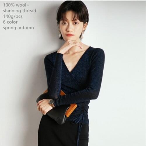 Naizaiga 100% wool Deep V Pleated Shiny Outer wear Sweater , DGYS11