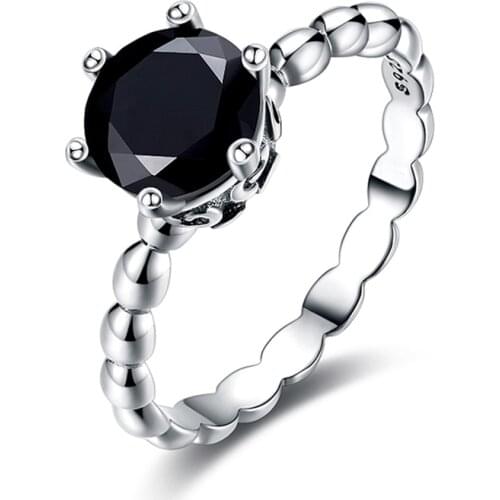 Silver Color Ring Charms With Six-claw black crystal Crown Bracket Wedding Ring For Women Jewelry