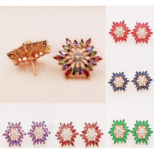 Trendy Gold Plated Copper Flower Stud Earrings Cubic Zirconia For Women Girls Fashion Jewelry Accessories Birthday Wedding