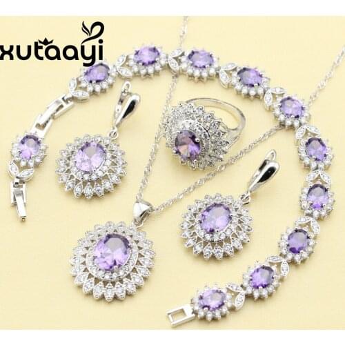 XUTAAYI 4PCS Silver colorcolor Jewelry Set Flower Purple Zircon Earrings Ring Necklace Pendant Bracelet Christmas Gift