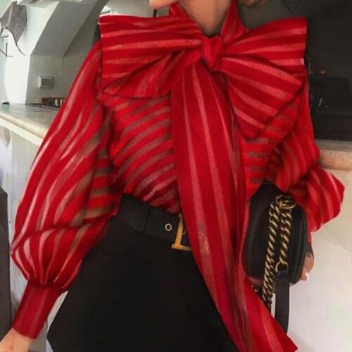 Women See Through Shirts Office Ladies Tops Sheer Mesh Striped Blouse Long Puff Sleeve Bow Blusas OL Elegant Work Formal Shirt