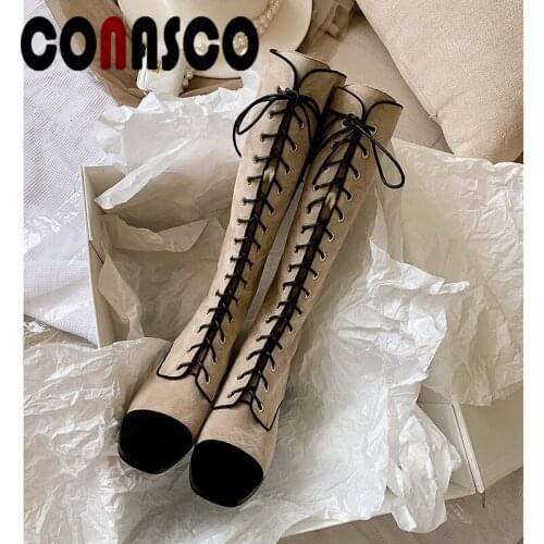 CONASCO 2021 Women Knee High Boots Autumn Winter Warm Cow Leather Casual Shoes Joint Bind Decoration Back Zipper Woman Boots