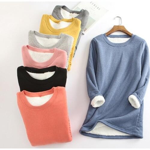 Women Long Sleeve O-Neck Sweatshirt Faux Fleece Lined Thermal Pullover Tunic Top