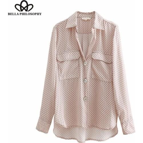 Bella Philosophy Vintage Polka Dot Pockets Irregular Tops Women Shirts Lapel Collar Long Sleeve Ladies Blouses Casual Blusas