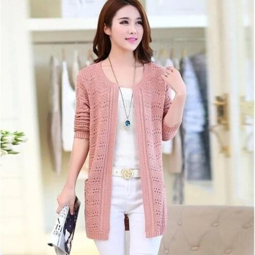 New Hollow Knit Cardigan Coat Women Sweater Slim Plus Size Medium Long Sleeves Tops Jacket Spring Summer Knitwear Shawl Female