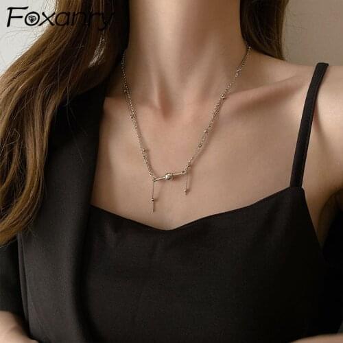 Foxanry New 925 Sterling Silver Double Layer Necklace INS Fashion Vintage Hip Hop Creative Couple Geometric Tassel Party Jewelry
