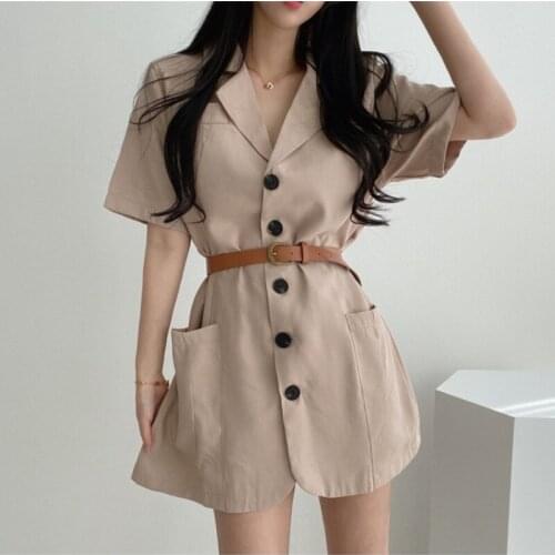 Chic Notched Women Short Dress Summer Single-breasted Sashes Female Blazer Dress 2021 Short Sleeve Mini Vestidos Femme
