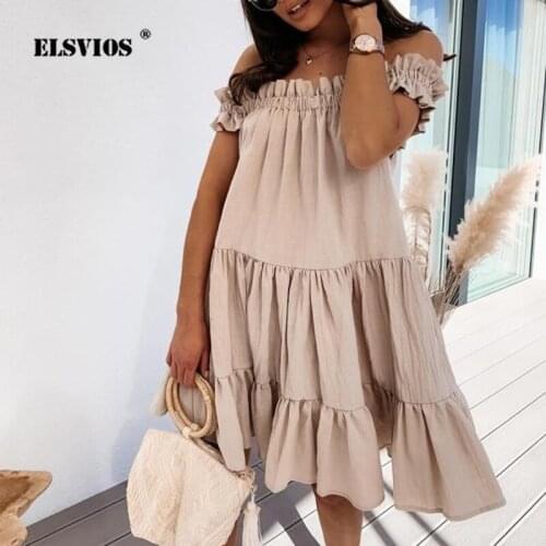 Women Fashion Summer New Slash Neck Loose Casual Solid Color Short Sleeves Dress Elegant Slim Patchwork Off-shoulder Party Dress