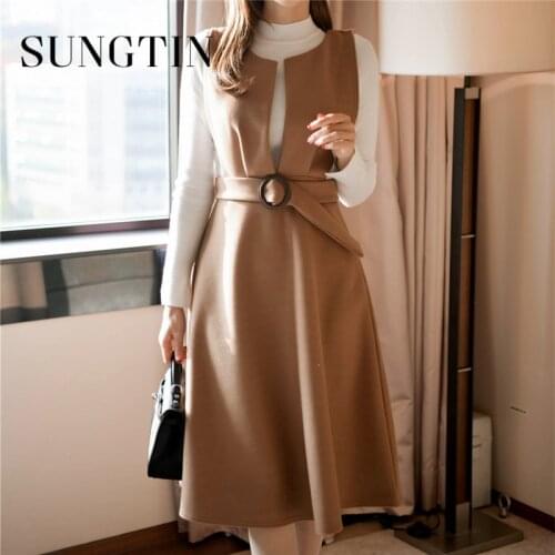Sungtin High Quality Sashes OL Wool Women Dress Winter Sleeveless Office Lady Wool Dress Female Elegant Lace Up Vest Vestidos