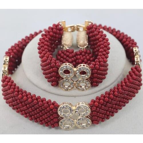 2016 Newest Nigerian African Wedding Classical Wine Red Coral Beads Necklace Jewelry Sets For Women Bridal Free Shipping CJ793