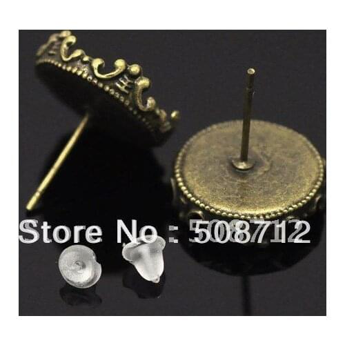 Free shipping!!! Bronze Tone Cabochon Settings Earring Post W/Stoppers 15x13mm(Fit 12mm),Earrings Base,Earrings Blank
