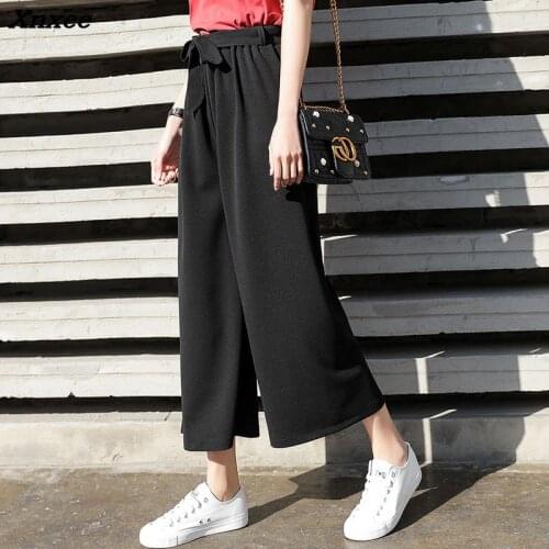 Women loose casual trousers chiffon high waist wide leg pants with sashes drawstring ankle-length pants Xnxee