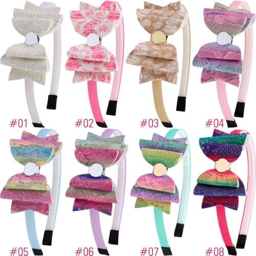 8pcs/set Girls Hairband Children Shiny Bow Headband Party Head Wear PU Rainbow Pink Color Three Layers Design Kids Headhoop