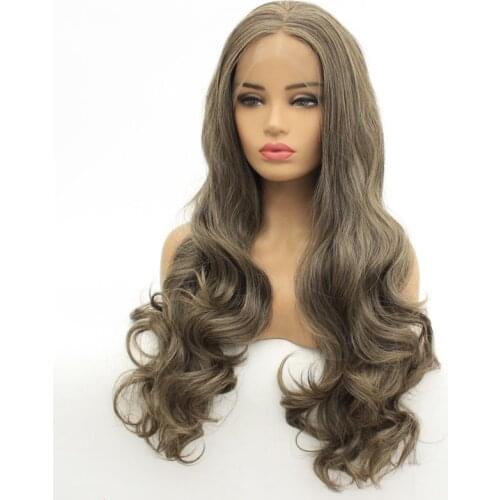 Kanekalon Dark Brown Body Wavy Wig Mix Color Blonde Grey Synthetic Lace Front Wigs Natural Long Soft Wig Coaplay Party Hair