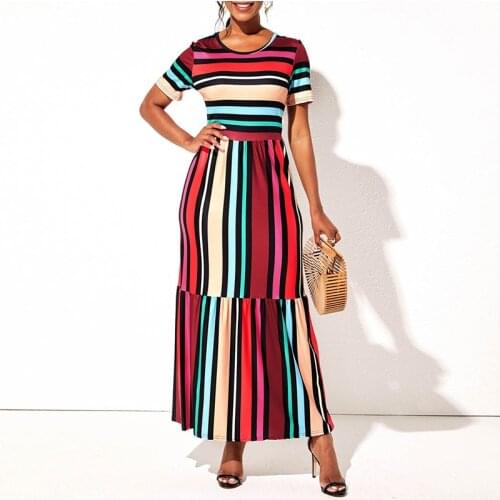 MISSJOY Women Casual Short Sleeve Round Neck Multicolor Striped Print Dress Elegant Ethnic Beach Party High Waist Maxi Dress
