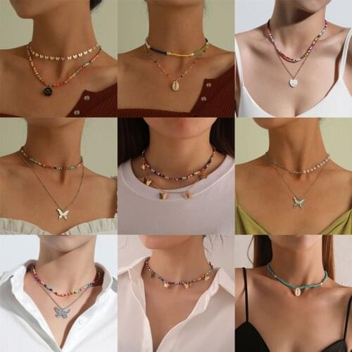 Bohe Multilayer Shell Pendant Necklace For Women Colorful Beads Butterfly Charm Choker Pearl Necklaces Jewelry Gifts Collar