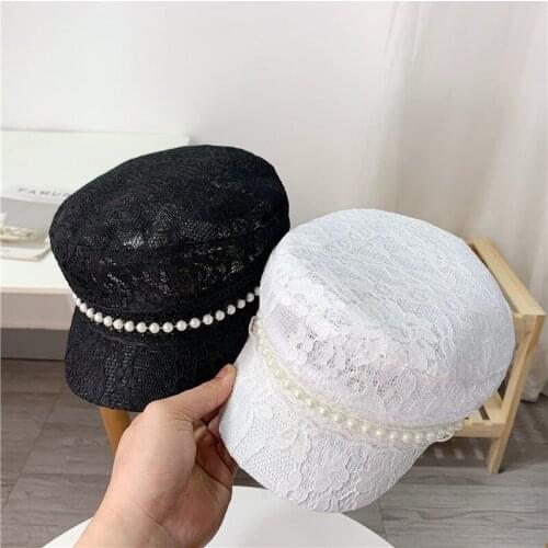 Fashion Women Military Hat Summer Lace Sailor Hats Black White Ladies Beret Caps Flat Top Captain Cap Travel Cadet Octagonal Hat