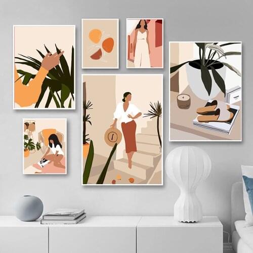 Morandi Style Color Canvas Painting Abstract Line Painting on The Wall Woman Feature HD Image for Living Room Home Decor