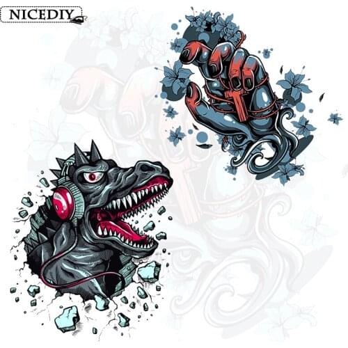 Nicediy Punk Dinosaur Patch Heat Transfer Vinyl Sticker Punk Cross Hand Iron On Transfers On Clothes Applique Washable Badge DIY