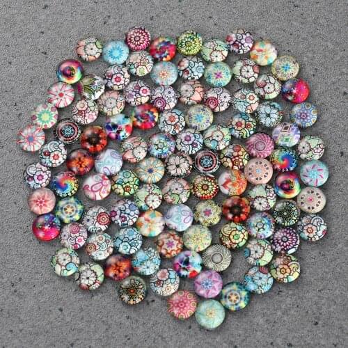 100 Pieces 8 mm Mixed Color Flower Pattern Glass Half Round Crafts Glass Mosaic for Jewelry Making