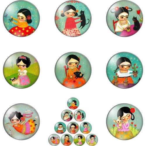 Girl Frada Portraits Lady of Eyebrow Round Photo Glass Cabochon Demo Flat Back Making Findings Handmade DIY Accessories