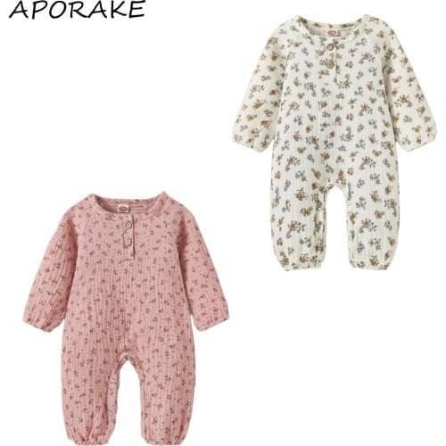 2021 0-18M Baby Girls Casual Romper Floral Printed Pattern Button Round Collar Long Sleeve Jumpsuit Cute Cotton Linen Clothes